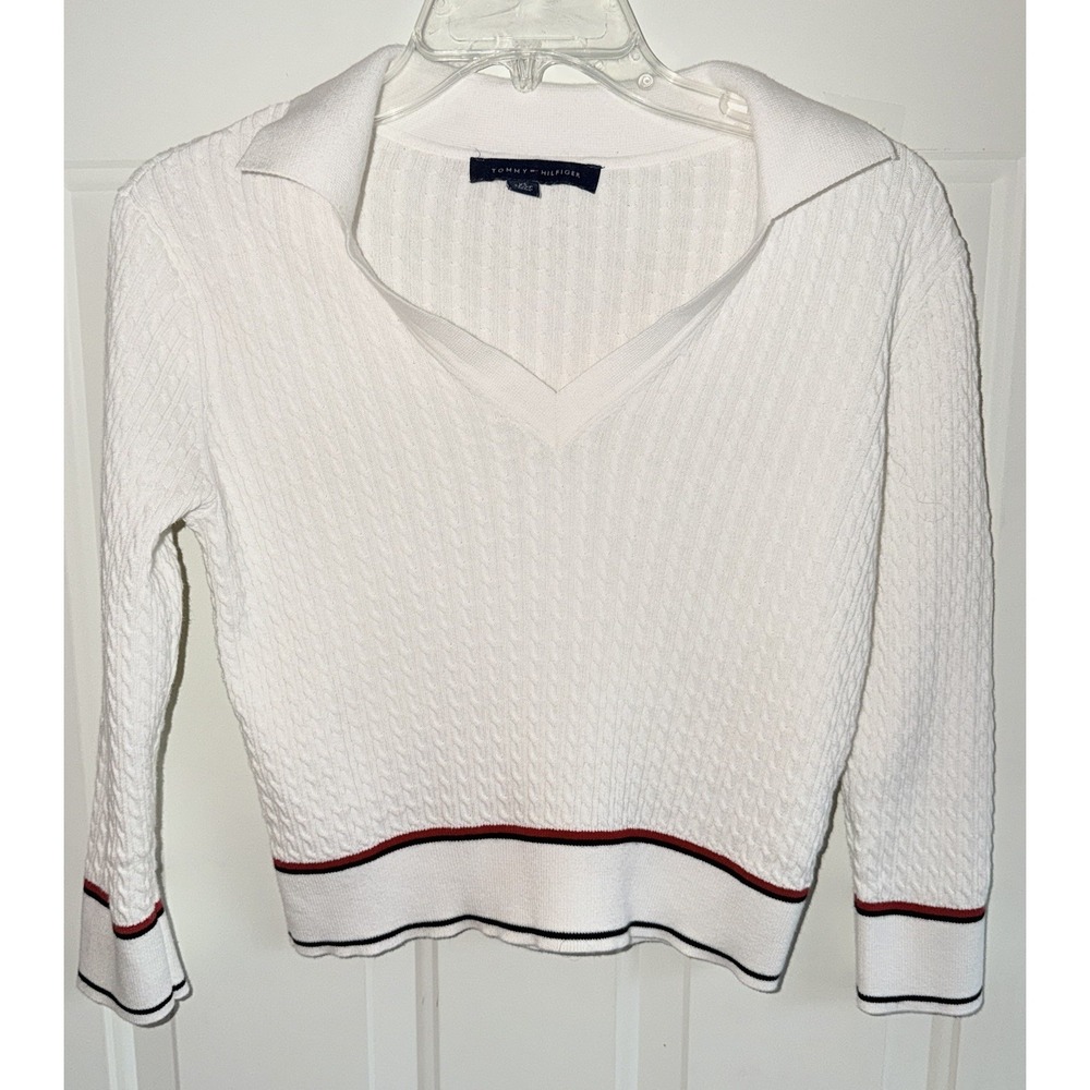 Tommy Hilfiger Women XS White Cable Knit Sweater Collared V Neck Preppy